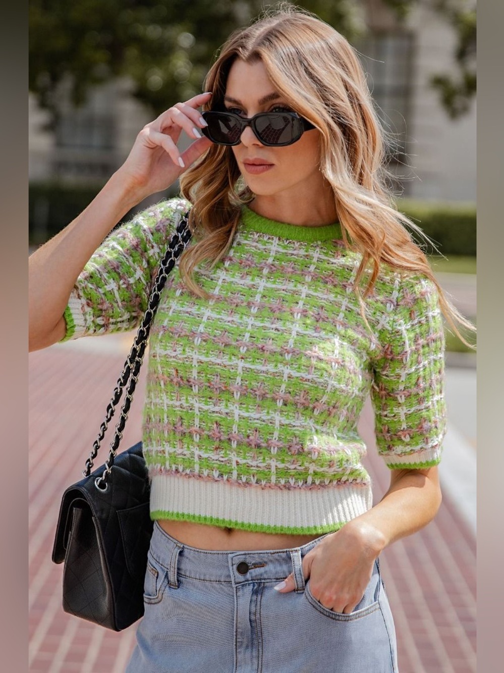 Easel Totally Buggin Tweed Sweater Top Lime Green Plaid 99s Clueless New Medium - Picture 3 of 14